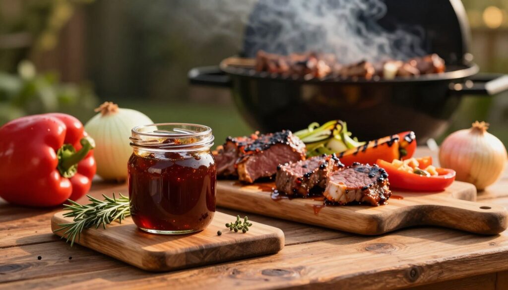 A beautifully arranged spread featuring a homemade BBQ marinade, showcasing a small glass jar of rich, dark, glossy marinade dripping slightly, surrounded by fresh ingredients like vibrant red bell peppers, yellow onions, and aromatic herbs. In the foreground, a rustic wooden table adds warmth and texture, while the marinade jar sits on a wooden cutting board adorned with herbs. In the middle, a variety of marinated meats and grilled vegetables glisten under warm, golden lighting, suggesting a cozy outdoor gathering. The background features a blurred barbecue grill with wisps of smoke rising into a softly lit evening, creating an inviting, smoky atmosphere. The scene conveys the essence of a flavorful, sweet-smoky BBQ experience.