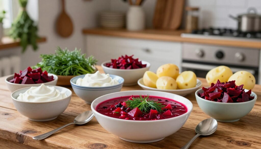 A beautifully arranged table showcasing various traditional toppings for red borscht, including fresh dill, sour cream, sliced boiled potatoes, and finely chopped beets, all placed on a rustic wooden surface. In the foreground, a bowl of vibrant red borscht filled with herbs and vegetables glows in the soft, diffused natural light. The middle of the scene features an assortment of garnishes neatly organized in small dishes, creating a rich palette of colors and textures. The background displays a cozy, warmly lit kitchen environment, with herbs hanging and wooden utensils enhancing the inviting atmosphere. The overall mood is warm and homely, emphasizing the idea of comfort food and deep flavors. A beautifully arranged table showcasing various traditional toppings for red borscht, including fresh dill, sour cream, sliced boiled potatoes, and finely chopped beets, all placed on a rustic wooden surface. In the foreground, a bowl of vibrant red borscht filled with herbs and vegetables glows in the soft, diffused natural light. The middle of the scene features an assortment of garnishes neatly organized in small dishes, creating a rich palette of colors and textures. The background displays a cozy, warmly lit kitchen environment, with herbs hanging and wooden utensils enhancing the inviting atmosphere. The overall mood is warm and homely, emphasizing the idea of comfort food and deep flavors.