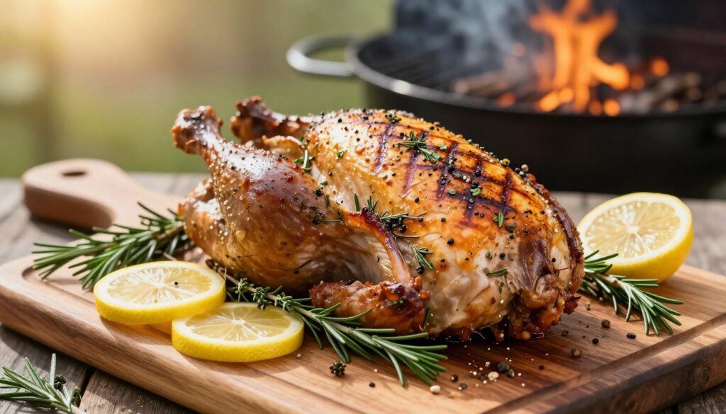 A beautifully grilled turkey breast, marinated with an assortment of fresh herbs and spices, is placed on a rustic wooden cutting board. The turkey exhibits a golden-brown exterior, with grill marks enhancing its texture. Surrounding the turkey are vibrant sprigs of rosemary, thyme, and lemon slices, adding a splash of color and freshness to the scene. In the background, a warm, sunlit outdoor grill sizzles with smoke, creating a cozy and inviting atmosphere. The shot is taken from a slight top-down angle, capturing the details of the marinade and herbs, with a soft focus on the background that enhances the grill's ambiance. The lighting is warm and natural, evoking a sense of outdoor cooking joy. A beautifully grilled turkey breast, marinated with an assortment of fresh herbs and spices, is placed on a rustic wooden cutting board. The turkey exhibits a golden-brown exterior, with grill marks enhancing its texture. Surrounding the turkey are vibrant sprigs of rosemary, thyme, and lemon slices, adding a splash of color and freshness to the scene. In the background, a warm, sunlit outdoor grill sizzles with smoke, creating a cozy and inviting atmosphere. The shot is taken from a slight top-down angle, capturing the details of the marinade and herbs, with a soft focus on the background that enhances the grill's ambiance. The lighting is warm and natural, evoking a sense of outdoor cooking joy.