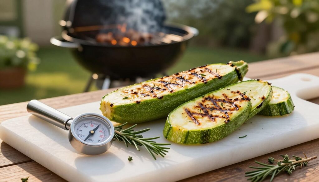 A beautifully grilled zucchini placed on a pristine cutting board, showcasing its vibrant green color with charred marks highlighting the optimal grilling process. In the foreground, a silver grill thermometer showing the ideal grilling temperature of around 200°C (392°F) next to fresh herbs like rosemary and thyme, emphasizing flavor enhancement. The background features a softly lit outdoor grill with smoke wafting into the air, surrounded by lush greenery creating a warm, inviting atmosphere. The lighting is golden, suggesting the time of day is early evening, perfect for a barbecue. The image is taken from a slightly elevated angle to capture the textures and colors accurately, evoking a sense of culinary delight and summer enjoyment. A beautifully grilled zucchini placed on a pristine cutting board, showcasing its vibrant green color with charred marks highlighting the optimal grilling process. In the foreground, a silver grill thermometer showing the ideal grilling temperature of around 200°C (392°F) next to fresh herbs like rosemary and thyme, emphasizing flavor enhancement. The background features a softly lit outdoor grill with smoke wafting into the air, surrounded by lush greenery creating a warm, inviting atmosphere. The lighting is golden, suggesting the time of day is early evening, perfect for a barbecue. The image is taken from a slightly elevated angle to capture the textures and colors accurately, evoking a sense of culinary delight and summer enjoyment.