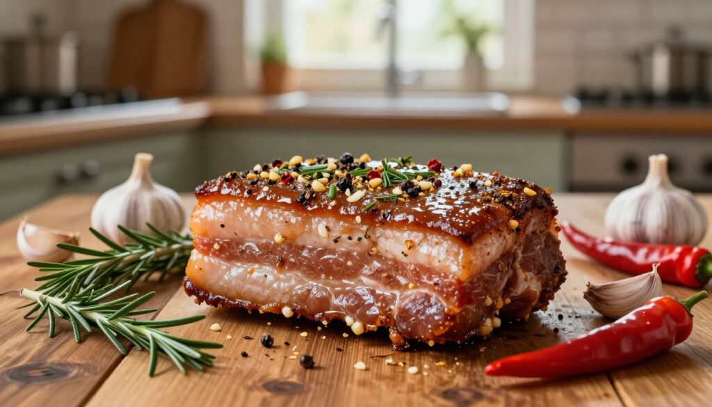 A beautifully marinated piece of pork belly, known as boczek, sits prominently in the foreground, showcasing its rich, glossy glaze filled with spices and herbs. The texture of the meat is highlighted, with visible flecks of garlic, pepper, and fresh herbs adding color and vibrancy. Surrounding the boczek are fresh ingredients like sprigs of rosemary, whole garlic cloves, and vibrant chili peppers, arranged artfully to create an inviting preparation scene. In the background, a rustic wooden kitchen table is softly illuminated by warm, natural light coming from a window, evoking a cozy atmosphere. The scene is captured with a shallow depth of field, focusing on the boczek while gently blurring the background for a professional food photography aesthetic. The overall mood reflects warmth, tradition, and a love for culinary craft.