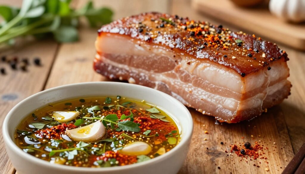 A beautifully marinated pork belly displayed on a rustic wooden table, showcasing its rich, glistening texture. In the foreground, a bowl filled with a vibrant, herb-infused marinade made from garlic, paprika, and fresh herbs, with droplets of oil catching the light. The middle ground features the marinated pork belly, with spices and herbs clinging to the meat, presenting an inviting and appetizing appearance. The background includes soft-focus kitchen elements like herbs, spices, and a cutting board, adding to the culinary atmosphere. Warm, natural lighting creates a cozy mood that emphasizes the savory details of the marinade, ideal for enticing readers. Shot from a slightly elevated angle to capture the depth and richness of the dish, with a shallow depth of field to enhance focus on the pork and marinade.