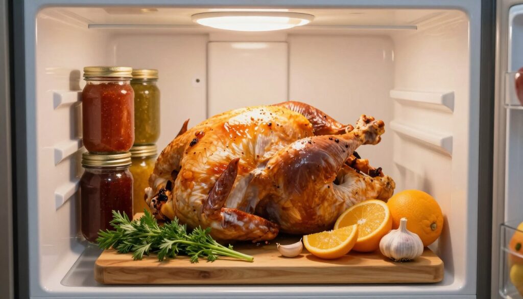 A beautifully organized kitchen scene featuring a refrigerator filled with various ingredients for marinating turkey. In the foreground, focus on a clean, wooden cutting board with freshly cut herbs, garlic, and citrus fruits, giving vibrant colors to the composition. The middle ground includes an open refrigerator door displaying a whole turkey nestled among neatly arranged marinades in glass jars, showcasing rich, earthy tones. The background reveals warm, soft lighting from overhead fixtures, creating a cozy atmosphere that invites culinary creativity. The overall mood is inviting and homely, emphasizing preparation for a family meal. The image captures the essence of optimal marinating time for turkey in a refrigerator, presented in a detailed and appealing manner. A beautifully organized kitchen scene featuring a refrigerator filled with various ingredients for marinating turkey. In the foreground, focus on a clean, wooden cutting board with freshly cut herbs, garlic, and citrus fruits, giving vibrant colors to the composition. The middle ground includes an open refrigerator door displaying a whole turkey nestled among neatly arranged marinades in glass jars, showcasing rich, earthy tones. The background reveals warm, soft lighting from overhead fixtures, creating a cozy atmosphere that invites culinary creativity. The overall mood is inviting and homely, emphasizing preparation for a family meal. The image captures the essence of optimal marinating time for turkey in a refrigerator, presented in a detailed and appealing manner.