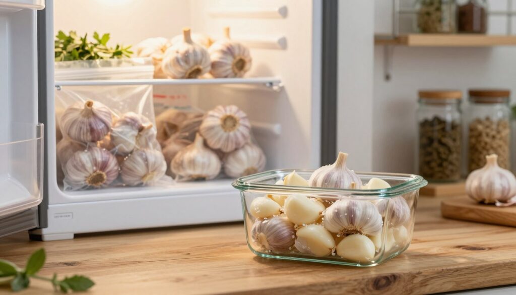 A beautifully organized kitchen scene showcasing frozen garlic storage. In the foreground, a clear glass container filled with frozen garlic cloves sits atop a rustic wooden countertop, glistening with light frost. In the middle ground, an open freezer door reveals well-labeled bags of frozen garlic, some cloves still in their peel, exuding a sense of freshness. The background features soft, warm kitchen lighting, highlighting the clean, inviting aesthetic of the space with subtle hints of herbs and spices in wooden jars on a nearby shelf. The overall atmosphere conveys a sense of home cooking and well-thought-out meal prep, inviting viewers to appreciate the convenience of freezing garlic without losing its flavor.