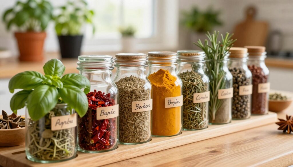 A beautifully organized spice storage setup, showcasing a variety of fresh herbs and spices in glass jars, each labeled with elegant handwriting. The foreground features a close-up of vibrant green basil and deep red paprika in clear containers, their colors popping against a natural wooden background. In the middle, a neatly arranged spice rack displays a colorful array of spices like turmeric, cumin, and rosemary, illuminated by soft, warm lighting to enhance the freshness of the ingredients. The background features a softly blurred kitchen setting, with herbs growing in pots on a windowsill, suggesting a home-cooking atmosphere. The overall mood is inviting and fresh, capturing the essence of preserving spices for optimal flavor. A beautifully organized spice storage setup, showcasing a variety of fresh herbs and spices in glass jars, each labeled with elegant handwriting. The foreground features a close-up of vibrant green basil and deep red paprika in clear containers, their colors popping against a natural wooden background. In the middle, a neatly arranged spice rack displays a colorful array of spices like turmeric, cumin, and rosemary, illuminated by soft, warm lighting to enhance the freshness of the ingredients. The background features a softly blurred kitchen setting, with herbs growing in pots on a windowsill, suggesting a home-cooking atmosphere. The overall mood is inviting and fresh, capturing the essence of preserving spices for optimal flavor.
