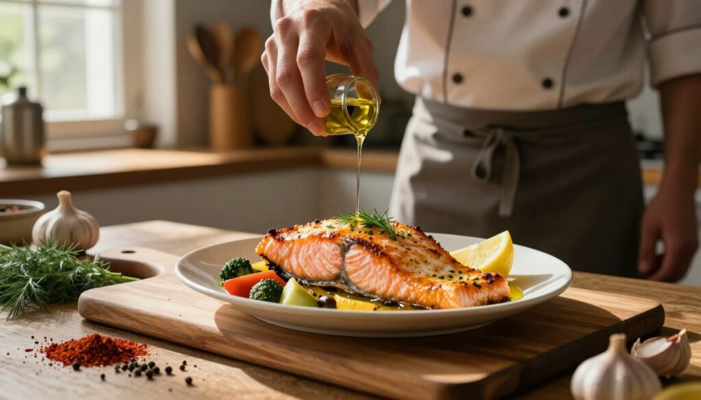 A beautifully plated dish of baked salmon, glistening with a golden-brown crust, garnished with fresh herbs, lemon wedges, and seasonal vegetables. The salmon is presented in a rustic kitchen setting, with warm, natural light streaming through a window, creating inviting shadows. In the foreground, a wooden cutting board displays an array of spices like dill, paprika, and garlic, emphasizing flavor enhancement. In the middle ground, a skilled chef in modest casual attire carefully drizzles olive oil over the fish, highlighting techniques for preserving moisture during cooking. The background features a cozy kitchen ambiance with softly blurred kitchen utensils and fresh ingredients, evoking a warm, aromatic atmosphere. The overall composition conveys a sense of culinary expertise and the joy of cooking. A beautifully plated dish of baked salmon, glistening with a golden-brown crust, garnished with fresh herbs, lemon wedges, and seasonal vegetables. The salmon is presented in a rustic kitchen setting, with warm, natural light streaming through a window, creating inviting shadows. In the foreground, a wooden cutting board displays an array of spices like dill, paprika, and garlic, emphasizing flavor enhancement. In the middle ground, a skilled chef in modest casual attire carefully drizzles olive oil over the fish, highlighting techniques for preserving moisture during cooking. The background features a cozy kitchen ambiance with softly blurred kitchen utensils and fresh ingredients, evoking a warm, aromatic atmosphere. The overall composition conveys a sense of culinary expertise and the joy of cooking.