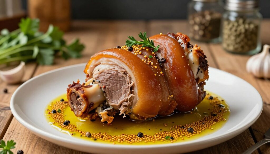 A beautifully plated golonka (pork knuckle) garnished with fresh herbs and spices, showcasing its crispy golden skin and succulent meat. In the foreground, the focus is on the golonka, glistening under soft, warm lighting that highlights the texture of the meat. Surrounding the dish, a vibrant marinade composed of garlic, pepper, and mustard seeds spills artistically on the plate, adding depth and color. In the middle, a rustic wooden table adds warmth to the scene, inviting the viewer to experience the rich culinary tradition. In the background, softly blurred kitchen elements like herbs and spices in jars create an inviting, homely atmosphere. The image should evoke a sense of comfort and anticipation, celebrating the art of marinating for incredible flavor in food. A beautifully plated golonka (pork knuckle) garnished with fresh herbs and spices, showcasing its crispy golden skin and succulent meat. In the foreground, the focus is on the golonka, glistening under soft, warm lighting that highlights the texture of the meat. Surrounding the dish, a vibrant marinade composed of garlic, pepper, and mustard seeds spills artistically on the plate, adding depth and color. In the middle, a rustic wooden table adds warmth to the scene, inviting the viewer to experience the rich culinary tradition. In the background, softly blurred kitchen elements like herbs and spices in jars create an inviting, homely atmosphere. The image should evoke a sense of comfort and anticipation, celebrating the art of marinating for incredible flavor in food.