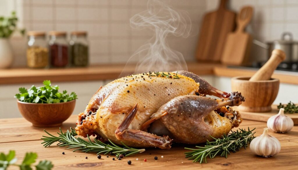 A beautifully prepared duck ready for marinating sits prominently in the foreground of a rustic wooden kitchen table. The duck is carefully seasoned with aromatic herbs and spices, with rosemary, thyme, and garlic artfully arranged around it. In the middle ground, a bowl of coriander and a mortar and pestle suggest the process of preparing a flavorful marinade. In the background, warm, soft lighting highlights the wooden kitchen shelves adorned with jars of spices and cooking utensils, creating a cozy, inviting atmosphere. A hint of steam wisps through the air, suggesting recent cooking activity. The camera angle is slightly elevated to capture all elements clearly, emphasizing the dish's appeal and the serene, homely setting. A beautifully prepared duck ready for marinating sits prominently in the foreground of a rustic wooden kitchen table. The duck is carefully seasoned with aromatic herbs and spices, with rosemary, thyme, and garlic artfully arranged around it. In the middle ground, a bowl of coriander and a mortar and pestle suggest the process of preparing a flavorful marinade. In the background, warm, soft lighting highlights the wooden kitchen shelves adorned with jars of spices and cooking utensils, creating a cozy, inviting atmosphere. A hint of steam wisps through the air, suggesting recent cooking activity. The camera angle is slightly elevated to capture all elements clearly, emphasizing the dish's appeal and the serene, homely setting.