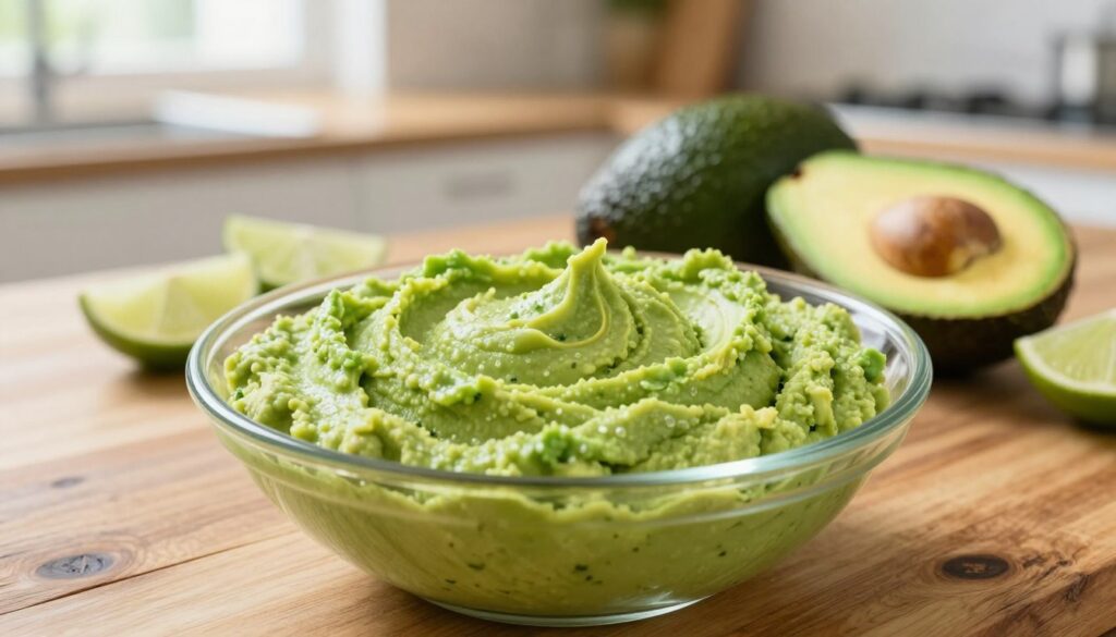 A beautifully presented bowl of creamy avocado puree, showcasing a rich, vibrant green color, placed on a rustic wooden countertop. In the foreground, the texture of the smooth puree is visible, with a few fork marks creating a deliciously inviting appearance. In the middle, there are fresh avocados and some lime slices, subtly arranged to hint at the ingredients. The background is softly blurred, featuring a warm kitchen setting with light streaming in from a window, creating a bright and inviting atmosphere. Use natural lighting to enhance the freshness of the avocado and emphasize the creamy texture. The image should evoke a sense of health and wholesome preparation, ideal for a culinary context. A beautifully presented bowl of creamy avocado puree, showcasing a rich, vibrant green color, placed on a rustic wooden countertop. In the foreground, the texture of the smooth puree is visible, with a few fork marks creating a deliciously inviting appearance. In the middle, there are fresh avocados and some lime slices, subtly arranged to hint at the ingredients. The background is softly blurred, featuring a warm kitchen setting with light streaming in from a window, creating a bright and inviting atmosphere. Use natural lighting to enhance the freshness of the avocado and emphasize the creamy texture. The image should evoke a sense of health and wholesome preparation, ideal for a culinary context.