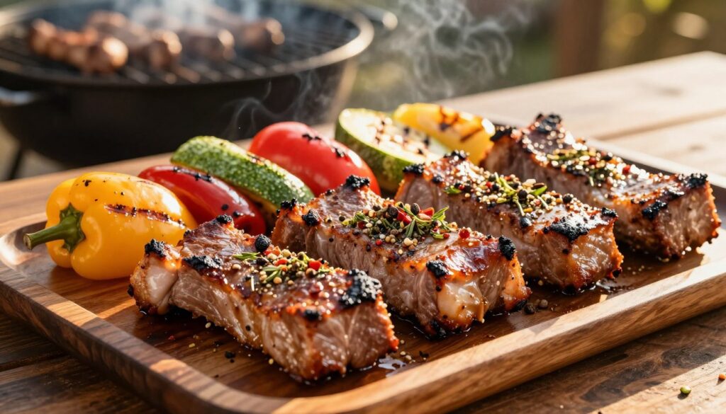 A beautifully presented platter of grilled pork neck (karkówki) with vibrant seasoning, placed on a rustic wooden table. In the foreground, juicy, marinated pieces of meat are sizzling with a slightly charred crust, glistening under the warm, golden light of a late afternoon sun. Aromatic herbs and spices are sprinkled on top, adding a burst of color. In the middle, an assortment of colorful grilled vegetables, such as bell peppers and zucchini, accompany the meat, enhancing both visual appeal and flavor. The background features a blurred grill with smoke gently rising, creating an inviting atmosphere. The lens captures the image in a close-up format, highlighting the textures and flavors, evoking a feeling of warmth and culinary delight. A beautifully presented platter of grilled pork neck (karkówki) with vibrant seasoning, placed on a rustic wooden table. In the foreground, juicy, marinated pieces of meat are sizzling with a slightly charred crust, glistening under the warm, golden light of a late afternoon sun. Aromatic herbs and spices are sprinkled on top, adding a burst of color. In the middle, an assortment of colorful grilled vegetables, such as bell peppers and zucchini, accompany the meat, enhancing both visual appeal and flavor. The background features a blurred grill with smoke gently rising, creating an inviting atmosphere. The lens captures the image in a close-up format, highlighting the textures and flavors, evoking a feeling of warmth and culinary delight.