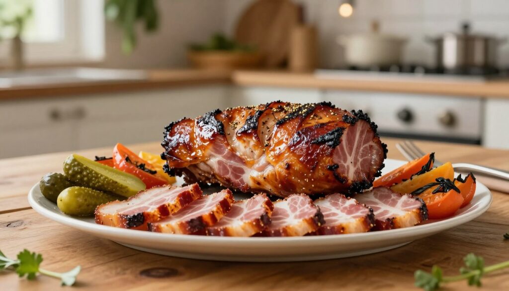 A beautifully presented platter of roasted "boczek pieczony," showcasing perfectly caramelized skin, glistening with seasoning. In the foreground, the sliced bacon is arranged artfully, displaying its succulent layers and rich marbling. To the sides, accompaniments like homemade pickles and colorful roasted vegetables add vibrancy. In the middle ground, a rustic wooden table enhances the home-cooked feel, with a warm, inviting atmosphere created by soft, diffused natural lighting. The background features a softly blurred kitchen scene with herbs hanging and a gentle glow from an overhead light. The angle captures the dish enticingly, inviting the viewer to savor the experience, evoking warmth and comfort, ideal for family gatherings and festive occasions. A beautifully presented platter of roasted "boczek pieczony," showcasing perfectly caramelized skin, glistening with seasoning. In the foreground, the sliced bacon is arranged artfully, displaying its succulent layers and rich marbling. To the sides, accompaniments like homemade pickles and colorful roasted vegetables add vibrancy. In the middle ground, a rustic wooden table enhances the home-cooked feel, with a warm, inviting atmosphere created by soft, diffused natural lighting. The background features a softly blurred kitchen scene with herbs hanging and a gentle glow from an overhead light. The angle captures the dish enticingly, inviting the viewer to savor the experience, evoking warmth and comfort, ideal for family gatherings and festive occasions.