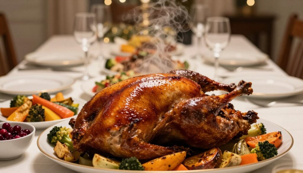 A beautifully roasted goose, glistening with a rich, golden-brown glaze, sits prominently in the foreground, surrounded by an array of vibrant side dishes, such as colorful roasted vegetables and a small bowl of cranberry sauce. The middle ground features an elegantly set dining table with fine china and shiny cutlery, evoking a sense of festive warmth. In the background, soft lighting casts a cozy glow, enhancing the inviting atmosphere of a family gathering. Use a shallow depth of field to create a soft blur in the background, emphasizing the succulent details of the goose, with steam gently rising from the meat. Capture the image from a slight angle to provide depth and make the roast appear even more appetizing, inviting viewers to appreciate the meticulous preparation and cooking process that ensures juicy, flavorful meat. A beautifully roasted goose, glistening with a rich, golden-brown glaze, sits prominently in the foreground, surrounded by an array of vibrant side dishes, such as colorful roasted vegetables and a small bowl of cranberry sauce. The middle ground features an elegantly set dining table with fine china and shiny cutlery, evoking a sense of festive warmth. In the background, soft lighting casts a cozy glow, enhancing the inviting atmosphere of a family gathering. Use a shallow depth of field to create a soft blur in the background, emphasizing the succulent details of the goose, with steam gently rising from the meat. Capture the image from a slight angle to provide depth and make the roast appear even more appetizing, inviting viewers to appreciate the meticulous preparation and cooking process that ensures juicy, flavorful meat.