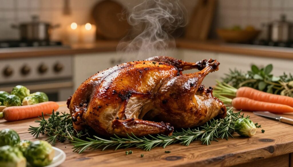 A beautifully roasted goose, glistening with a rich golden-brown skin, sits delicately on a rustic wooden table. Surrounding the goose are an array of aromatic herbs such as rosemary and thyme, along with seasonal vegetables like root carrots and Brussels sprouts, showcasing a festive holiday atmosphere. The kitchen background is softly illuminated by warm, ambient lighting, creating a cozy, inviting space. A hint of steam rises from the goose, indicating its perfect cooking temperature. A shallow depth of field enhances the focus on the goose while softly blurring the surrounding elements. The atmosphere conveys warmth, festivity, and a sense of togetherness, perfect for a holiday meal setting. The scene captures the essence of optimal roasting time and temperature, emphasizing culinary precision and flavor.