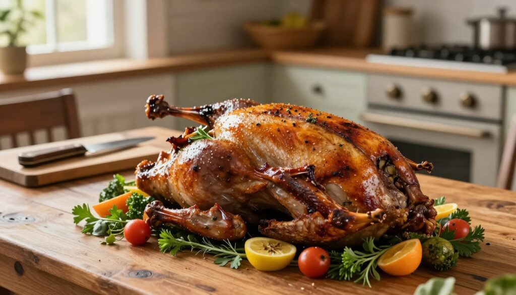 A beautifully roasted goose positioned prominently in the foreground, showcasing its golden, crispy skin glistening with a savory marinade of herbs and spices. The goose is artfully garnished with fresh herbs, fruits, and colorful vegetables, creating an enticing presentation. In the middle ground, a rustic wooden table adorned with traditional kitchen utensils, such as a carving knife and cutting board, accentuates the home-cooked feel. The background features a softly lit kitchen with subtle hints of warm light filtering through a window, casting gentle shadows that enhance the inviting atmosphere. Capture this scene from a slightly elevated angle, providing a clear view of the dish and its surroundings, evoking the sense of a warm, festive gathering centered around the art of culinary tradition. A beautifully roasted goose positioned prominently in the foreground, showcasing its golden, crispy skin glistening with a savory marinade of herbs and spices. The goose is artfully garnished with fresh herbs, fruits, and colorful vegetables, creating an enticing presentation. In the middle ground, a rustic wooden table adorned with traditional kitchen utensils, such as a carving knife and cutting board, accentuates the home-cooked feel. The background features a softly lit kitchen with subtle hints of warm light filtering through a window, casting gentle shadows that enhance the inviting atmosphere. Capture this scene from a slightly elevated angle, providing a clear view of the dish and its surroundings, evoking the sense of a warm, festive gathering centered around the art of culinary tradition.