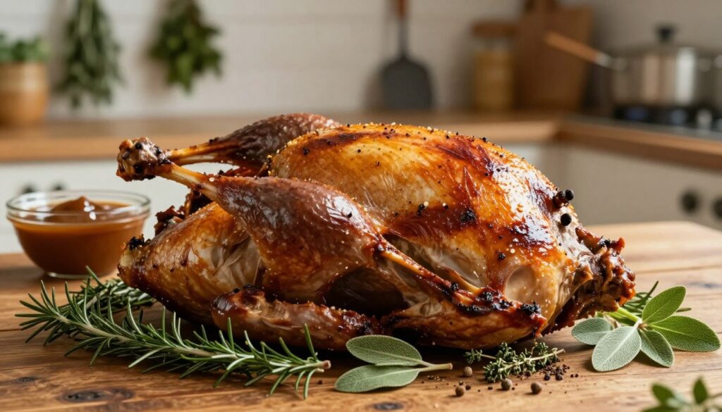 A beautifully roasted goose with crispy golden skin, positioned prominently on a rustic wooden table. The foreground features fresh herbs like rosemary, thyme, and sage scattered around the base of the goose, highlighting the marinade ingredients. In the middle, a rich gravy bowl glistens under soft, warm lighting, its surface reflecting the aroma of spices. The background includes a softly blurred kitchen setting, with herbs hanging and cooking utensils, evoking a cozy and inviting atmosphere. The image is captured from a slight overhead angle, enhancing the sumptuousness of the dish while maintaining focus on the goose. The mood is warm and inviting, perfect for a culinary article, with natural light enhancing the golden hues of the roasted skin.