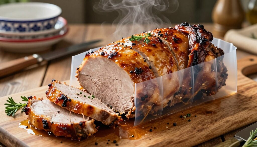 A beautifully roasted pork loin, glistening with golden-brown skin, lies in a clear cooking sleeve, capturing its juices and spices. The foreground showcases slices of tender pork, garnished with fresh herbs, revealing a juicy interior. In the middle, the cooking sleeve is delicately bulging, hinting at the steam-filled bounty inside. Soft, ambient kitchen light enhances the warmth of the scene, creating a homely atmosphere. The background features a rustic wooden table set with traditional Polish cooking utensils, subtly blurred to focus on the pork. The image captures the essence of juicy, flavorful roast pork, emphasizing the benefits of cooking in a sleeve for moisture retention. A beautifully roasted pork loin, glistening with golden-brown skin, lies in a clear cooking sleeve, capturing its juices and spices. The foreground showcases slices of tender pork, garnished with fresh herbs, revealing a juicy interior. In the middle, the cooking sleeve is delicately bulging, hinting at the steam-filled bounty inside. Soft, ambient kitchen light enhances the warmth of the scene, creating a homely atmosphere. The background features a rustic wooden table set with traditional Polish cooking utensils, subtly blurred to focus on the pork. The image captures the essence of juicy, flavorful roast pork, emphasizing the benefits of cooking in a sleeve for moisture retention.