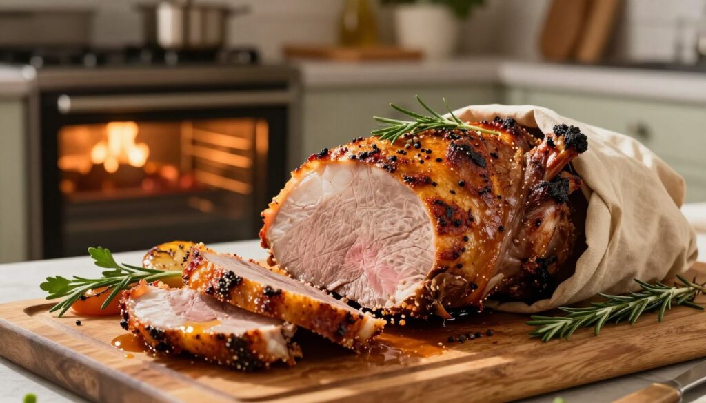 A beautifully roasted pork loin, known as "schab pieczony," showcases a golden-brown, crispy exterior, seasoned perfectly with a mix of spices and herbs. The scene captures the pork placed in a rustic oven bag, which enhances tenderness during cooking. In the foreground, a wooden cutting board displays slices of the juicy meat, glistening with flavorful juices, alongside fresh herbs and roasted vegetables. In the middle ground, the oven with its warm, inviting glow creates an atmosphere of comfort and home cooking. The background features a softly lit kitchen setting with hints of culinary utensils and earthy tones. The lighting is warm and cozy, highlighting the textures of the meat and creating a mouth-watering appeal. The angle is slightly above the scene, inviting the viewer to feel a part of this culinary experience. A beautifully roasted pork loin, known as "schab pieczony," showcases a golden-brown, crispy exterior, seasoned perfectly with a mix of spices and herbs. The scene captures the pork placed in a rustic oven bag, which enhances tenderness during cooking. In the foreground, a wooden cutting board displays slices of the juicy meat, glistening with flavorful juices, alongside fresh herbs and roasted vegetables. In the middle ground, the oven with its warm, inviting glow creates an atmosphere of comfort and home cooking. The background features a softly lit kitchen setting with hints of culinary utensils and earthy tones. The lighting is warm and cozy, highlighting the textures of the meat and creating a mouth-watering appeal. The angle is slightly above the scene, inviting the viewer to feel a part of this culinary experience.