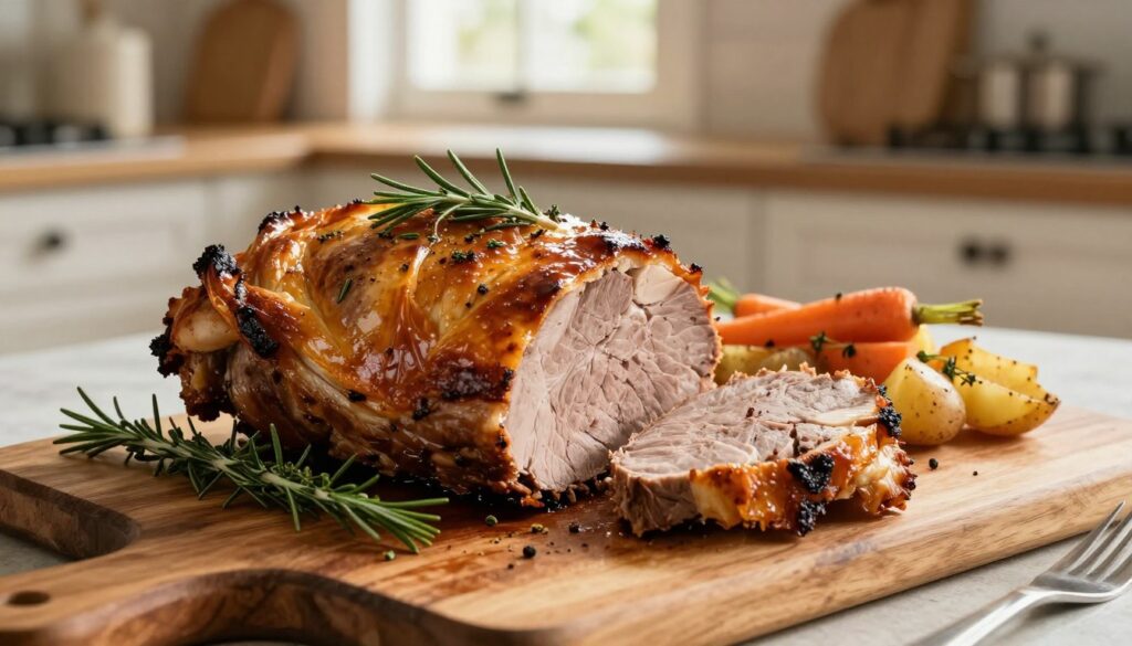 A beautifully roasted schab pieczony, glistening with a rich, golden-brown crust, is prominently displayed in the foreground. The pork loin is garnished with fresh herbs like rosemary and thyme, and there are hints of spices visible on the surface. In the middle, a rustic wooden cutting board holds the sliced pork, showcasing its juicy, tender interior. Accompanying sides of roasted vegetables, such as carrots and potatoes, are artfully arranged. In the background, a softly lit kitchen setting enhances the warm atmosphere, with gentle sunlight filtering through a window, casting a cozy glow. The focus is sharp on the schab, with a slight blur on the background, creating an inviting culinary scene that evokes the comfort of home cooking. A beautifully roasted schab pieczony, glistening with a rich, golden-brown crust, is prominently displayed in the foreground. The pork loin is garnished with fresh herbs like rosemary and thyme, and there are hints of spices visible on the surface. In the middle, a rustic wooden cutting board holds the sliced pork, showcasing its juicy, tender interior. Accompanying sides of roasted vegetables, such as carrots and potatoes, are artfully arranged. In the background, a softly lit kitchen setting enhances the warm atmosphere, with gentle sunlight filtering through a window, casting a cozy glow. The focus is sharp on the schab, with a slight blur on the background, creating an inviting culinary scene that evokes the comfort of home cooking.