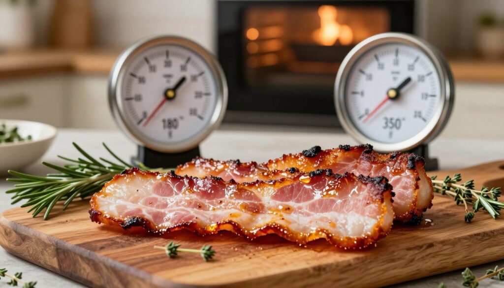 A beautifully roasted slab of bacon glistening with a golden-brown crispy exterior, the surface exhibiting a perfect glaze that catches the light. In the foreground, the bacon is positioned on a rustic wooden cutting board, surrounded by sprigs of fresh herbs like rosemary and thyme. In the middle ground, an oven thermometer prominently displays the optimal baking temperature of 180°C (350°F). In the background, a softly lit kitchen atmosphere is created with a hint of a warm, inviting oven glow, emphasizing a cozy and homely cooking environment. The composition is shot from a slightly elevated angle, allowing for a clear view of the succulent bacon while creating depth in the image. The mood is warm and inviting, ideal for illustrating a culinary delight. A beautifully roasted slab of bacon glistening with a golden-brown crispy exterior, the surface exhibiting a perfect glaze that catches the light. In the foreground, the bacon is positioned on a rustic wooden cutting board, surrounded by sprigs of fresh herbs like rosemary and thyme. In the middle ground, an oven thermometer prominently displays the optimal baking temperature of 180°C (350°F). In the background, a softly lit kitchen atmosphere is created with a hint of a warm, inviting oven glow, emphasizing a cozy and homely cooking environment. The composition is shot from a slightly elevated angle, allowing for a clear view of the succulent bacon while creating depth in the image. The mood is warm and inviting, ideal for illustrating a culinary delight.