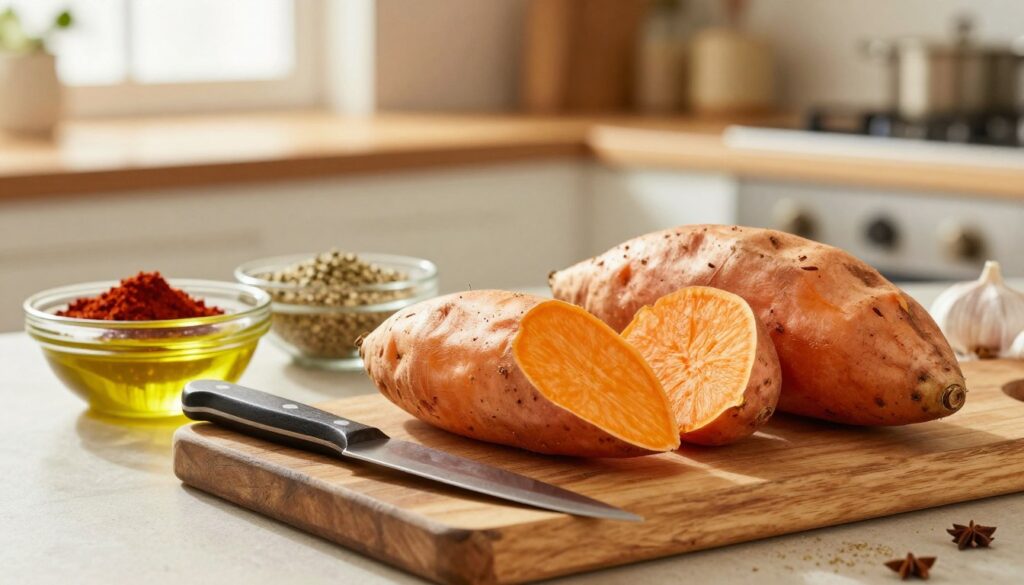 A beautifully staged kitchen scene focusing on the preparation of sweet potatoes for baking. In the foreground, there are several vibrant orange sweet potatoes carefully arranged on a rustic wooden cutting board, with a chef’s knife and a bowl of olive oil nearby. The middle ground features a bowl of assorted spices such as paprika, garlic powder, and herbs, suggesting vibrant flavor. The background is softly blurred, showing an inviting kitchen environment with warm lighting filtering through a window, creating an inviting atmosphere. This scene conveys a sense of warmth and creativity, emphasizing the culinary transformation of sweet potatoes before baking, with a light golden hue enhancing the rustic charm of the setup.