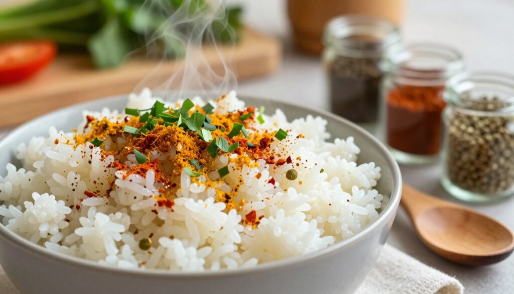 A beautifully styled bowl of fluffy, steamed rice, topped with an array of vibrant spices and herbs that evoke a sensory experience. In the foreground, emphasize the rice sprinkled with colorful seasonings like turmeric, paprika, and chopped green herbs. In the middle, include a wooden spoon resting next to the bowl, and nearby, small glass jars filled with spices like cumin and coriander, highlighting the theme of seasoning. The background features a softly lit kitchen setting with blurred hints of fresh vegetables and cooking utensils, creating a warm and inviting atmosphere. Use soft, natural lighting to enhance the textures and colors, capturing an inviting, wholesome mood that emphasizes the depth of flavors that can be achieved through seasoning. A beautifully styled bowl of fluffy, steamed rice, topped with an array of vibrant spices and herbs that evoke a sensory experience. In the foreground, emphasize the rice sprinkled with colorful seasonings like turmeric, paprika, and chopped green herbs. In the middle, include a wooden spoon resting next to the bowl, and nearby, small glass jars filled with spices like cumin and coriander, highlighting the theme of seasoning. The background features a softly lit kitchen setting with blurred hints of fresh vegetables and cooking utensils, creating a warm and inviting atmosphere. Use soft, natural lighting to enhance the textures and colors, capturing an inviting, wholesome mood that emphasizes the depth of flavors that can be achieved through seasoning.