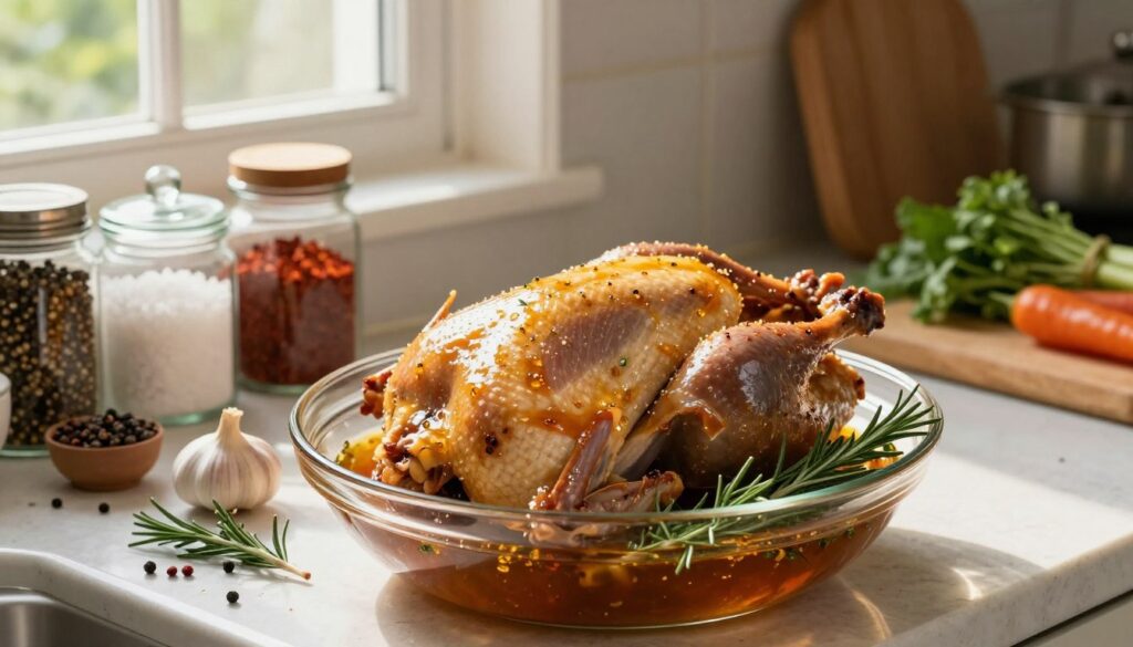 A beautifully styled kitchen countertop scene featuring a marinating duck, surrounded by an array of colorful spices and herbs. In the foreground, a whole duck is placed in a glass bowl, coated with a rich marinade made of honey, garlic, and a selection of fresh herbs like rosemary and thyme. The middle ground includes a collection of spices in decorative jars, with peppercorns, sea salt, and paprika. In the background, soft natural light filters through a window, casting warm shadows that enhance the cozy, inviting atmosphere. The focus is on the duck's skin glistening with marinade, capturing the essence of preparing aromatic, juicy meat. A wooden cutting board and some fresh vegetables can add a touch of rustic charm to the scene. A beautifully styled kitchen countertop scene featuring a marinating duck, surrounded by an array of colorful spices and herbs. In the foreground, a whole duck is placed in a glass bowl, coated with a rich marinade made of honey, garlic, and a selection of fresh herbs like rosemary and thyme. The middle ground includes a collection of spices in decorative jars, with peppercorns, sea salt, and paprika. In the background, soft natural light filters through a window, casting warm shadows that enhance the cozy, inviting atmosphere. The focus is on the duck's skin glistening with marinade, capturing the essence of preparing aromatic, juicy meat. A wooden cutting board and some fresh vegetables can add a touch of rustic charm to the scene.