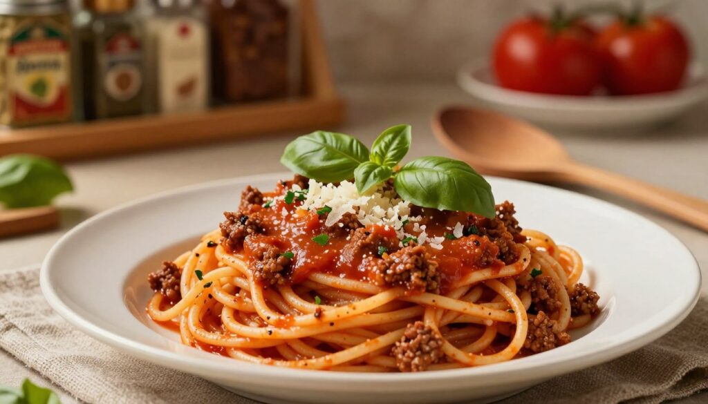A beautifully styled plate of spaghetti bolognese sits in the foreground, showcasing a generous serving of al dente pasta tangled with rich, chunky meat sauce. The sauce, a deep red with flecks of vibrant herbs, glistens under soft, warm lighting that casts inviting shadows. In the middle ground, a wooden spoon rests beside the plate, suggesting the act of stirring and infusing flavors. Fresh basil leaves and finely grated Parmesan cheese decorate the dish, adding a touch of green and white contrast. The background features a rustic kitchen setting, with blurred shelves filled with Italian spices and tomato cans, evoking a cozy, home-cooked atmosphere. The image captures a warm, inviting mood, perfect for illustrating the essence of authentic Italian cooking. A beautifully styled plate of spaghetti bolognese sits in the foreground, showcasing a generous serving of al dente pasta tangled with rich, chunky meat sauce. The sauce, a deep red with flecks of vibrant herbs, glistens under soft, warm lighting that casts inviting shadows. In the middle ground, a wooden spoon rests beside the plate, suggesting the act of stirring and infusing flavors. Fresh basil leaves and finely grated Parmesan cheese decorate the dish, adding a touch of green and white contrast. The background features a rustic kitchen setting, with blurred shelves filled with Italian spices and tomato cans, evoking a cozy, home-cooked atmosphere. The image captures a warm, inviting mood, perfect for illustrating the essence of authentic Italian cooking.
