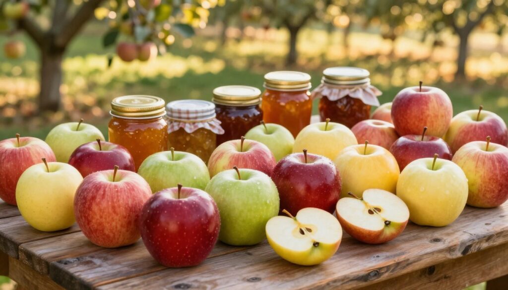 A bountiful selection of apple varieties displayed on a rustic wooden table, showcasing their diverse colors and sizes. In the foreground, perfectly arranged red, green, and yellow apples, with some sliced to reveal their juicy interiors. In the middle ground, a gentle focus on a few jars filled with homemade apple preserves and a background hint of a lush orchard bathed in soft, golden sunlight. The overall atmosphere is warm and inviting, suggesting the freshness of the apples and the joy of autumn harvest. The lighting is natural and soft, creating gentle shadows that enhance the textures of the apples. Capture this scene from a slightly elevated angle, emphasizing the abundance and beauty of these fruits destined for freezing and dessert preparation. A bountiful selection of apple varieties displayed on a rustic wooden table, showcasing their diverse colors and sizes. In the foreground, perfectly arranged red, green, and yellow apples, with some sliced to reveal their juicy interiors. In the middle ground, a gentle focus on a few jars filled with homemade apple preserves and a background hint of a lush orchard bathed in soft, golden sunlight. The overall atmosphere is warm and inviting, suggesting the freshness of the apples and the joy of autumn harvest. The lighting is natural and soft, creating gentle shadows that enhance the textures of the apples. Capture this scene from a slightly elevated angle, emphasizing the abundance and beauty of these fruits destined for freezing and dessert preparation.