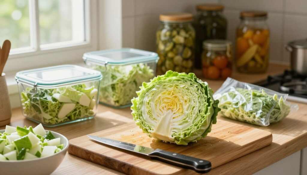 A bright kitchen scene showcasing the preparation of fresh cabbage for freezing. In the foreground, a large wooden cutting board holds half a head of cabbage, surrounded by a sharp knife and a bowl of chopped vegetables. Glistening droplets of water from rinsing the cabbage reflect the natural light streaming in from a nearby window. In the middle, a cozy and well-organized kitchen counter is lined with glass containers and food storage bags ready for the cabbage. In the background, shelves filled with jars of preserved vegetables create a warm, homely atmosphere. The lighting is soft and inviting, highlighting the vibrant green of the cabbage and the rustic wooden elements. The overall mood is one of freshness and culinary preparation, emphasizing the joy of preserving food. A bright kitchen scene showcasing the preparation of fresh cabbage for freezing. In the foreground, a large wooden cutting board holds half a head of cabbage, surrounded by a sharp knife and a bowl of chopped vegetables. Glistening droplets of water from rinsing the cabbage reflect the natural light streaming in from a nearby window. In the middle, a cozy and well-organized kitchen counter is lined with glass containers and food storage bags ready for the cabbage. In the background, shelves filled with jars of preserved vegetables create a warm, homely atmosphere. The lighting is soft and inviting, highlighting the vibrant green of the cabbage and the rustic wooden elements. The overall mood is one of freshness and culinary preparation, emphasizing the joy of preserving food.