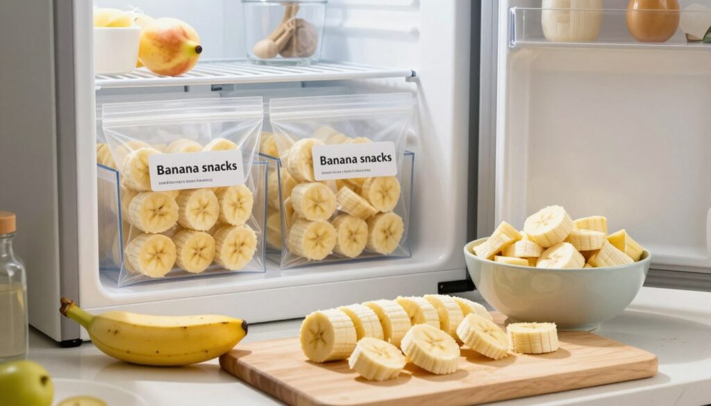A bright kitchen scene showcasing the process of freezing bananas. In the foreground, a cutting board displays ripe, peeled bananas cut into even slices, ready for freezing. Beside it, a bowl filled with banana slices is waiting to be transferred. The middle ground features a neatly organized freezer with clear storage bags labeled "Banana Snacks," showcasing the frozen banana slices inside. Natural light streams through a window, illuminating the kitchen, casting soft shadows that create a warm and inviting atmosphere. The background hints at kitchen utensils and fresh fruits, encapsulating the idea of healthy food preparation. The focus is on simplicity and clarity, highlighting the steps of freezing bananas without any distractions. A bright kitchen scene showcasing the process of freezing bananas. In the foreground, a cutting board displays ripe, peeled bananas cut into even slices, ready for freezing. Beside it, a bowl filled with banana slices is waiting to be transferred. The middle ground features a neatly organized freezer with clear storage bags labeled "Banana Snacks," showcasing the frozen banana slices inside. Natural light streams through a window, illuminating the kitchen, casting soft shadows that create a warm and inviting atmosphere. The background hints at kitchen utensils and fresh fruits, encapsulating the idea of healthy food preparation. The focus is on simplicity and clarity, highlighting the steps of freezing bananas without any distractions.