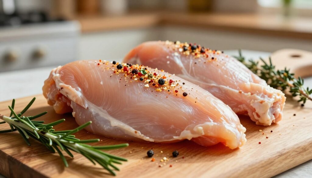 A close-up image of a beautifully arranged raw chicken breast, showcasing its tender texture and natural sheen. The chicken breast is seasoned with an array of colorful spices such as paprika, black pepper, and garlic powder, which are sprinkled artistically around it. In the foreground, a few sprigs of fresh herbs like rosemary and thyme add vibrant green tones. The middle ground features a wooden cutting board, giving a rustic kitchen vibe, while in the background, a softly blurred kitchen setting with warm lighting casts a cozy ambiance. The scene is illuminated with gentle, natural light, suggesting a sunny afternoon, creating a mouth-watering, appetizing atmosphere. The angle captures the essence of culinary delight, inviting viewers to imagine the taste.