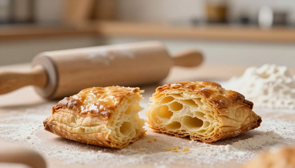 A close-up image of flaky puff pastry showcasing its delicate layered structure, emphasizing the airy, risen edges and golden-brown crust. The foreground features a broken piece of the pastry, exposing the intricate layers inside. In the middle, a rolling pin and a dusting of flour create a kitchen setting. The background displays a softly blurred kitchen environment, with warm, inviting lighting that highlights the texture of the pastry. The mood is cozy and inviting, suggesting a professional baking atmosphere. The image is shot from a slightly above angle, allowing the details of the pastry to dominate while maintaining a sense of culinary artistry. A close-up image of flaky puff pastry showcasing its delicate layered structure, emphasizing the airy, risen edges and golden-brown crust. The foreground features a broken piece of the pastry, exposing the intricate layers inside. In the middle, a rolling pin and a dusting of flour create a kitchen setting. The background displays a softly blurred kitchen environment, with warm, inviting lighting that highlights the texture of the pastry. The mood is cozy and inviting, suggesting a professional baking atmosphere. The image is shot from a slightly above angle, allowing the details of the pastry to dominate while maintaining a sense of culinary artistry.