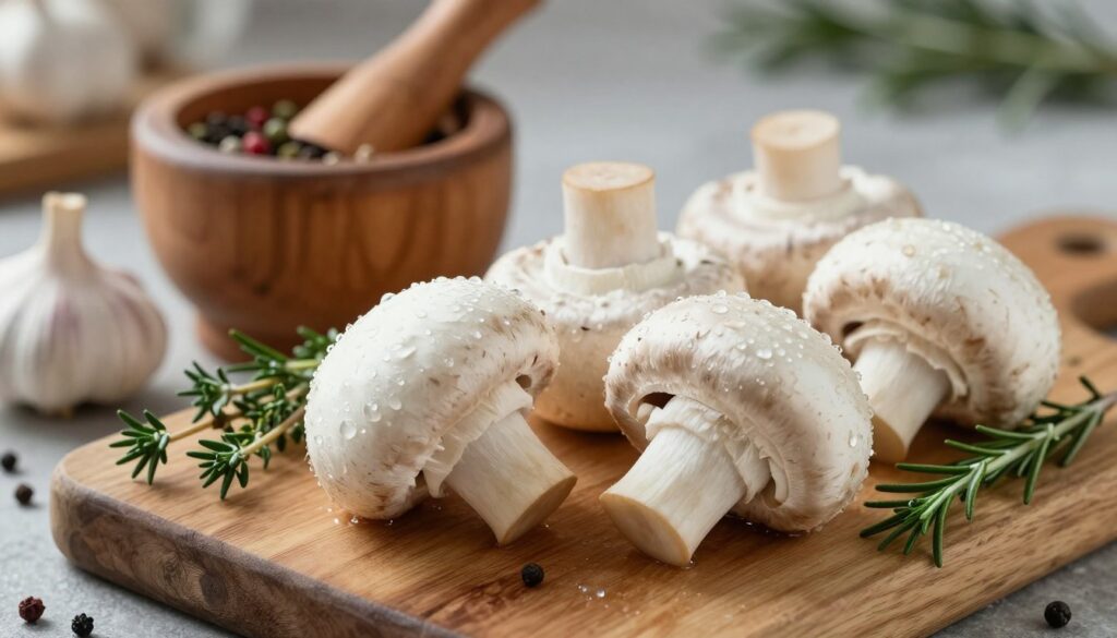 A close-up image of fresh, plump white mushrooms (pieczarki) on a rustic wooden cutting board, surrounded by vibrant herbs and spices that enhance their deep aroma. The foreground features the mushrooms with glistening dew drops, emphasizing their freshness, while sprigs of thyme and rosemary are artistically scattered around them. In the middle background, a wooden mortar and pestle hold crushed garlic and colorful peppercorns, hinting at flavorful seasonings. Soft, diffused natural lighting bathes the scene, highlighting the textures of the mushrooms and herbs. The background remains a blurred kitchen setting, creating an inviting and warm atmosphere, suggesting the joy of cooking with aromatic ingredients. The overall mood is cozy and enticing, perfect for a culinary exploration. A close-up image of fresh, plump white mushrooms (pieczarki) on a rustic wooden cutting board, surrounded by vibrant herbs and spices that enhance their deep aroma. The foreground features the mushrooms with glistening dew drops, emphasizing their freshness, while sprigs of thyme and rosemary are artistically scattered around them. In the middle background, a wooden mortar and pestle hold crushed garlic and colorful peppercorns, hinting at flavorful seasonings. Soft, diffused natural lighting bathes the scene, highlighting the textures of the mushrooms and herbs. The background remains a blurred kitchen setting, creating an inviting and warm atmosphere, suggesting the joy of cooking with aromatic ingredients. The overall mood is cozy and enticing, perfect for a culinary exploration.