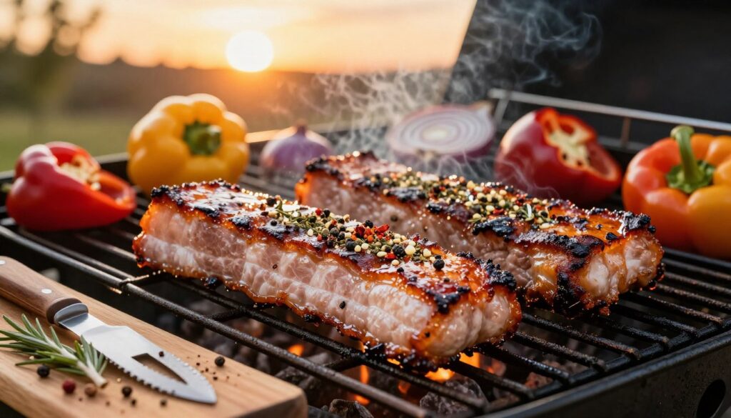 A close-up image of grilled pork belly, known as "boczek," sizzling on a barbecue grill. The pork belly is beautifully caramelized, with crispy edges and glistening marbling that highlights its juicy texture. Sprinkled generously with a blend of aromatic herbs and spices, including black pepper, smoked paprika, and garlic powder, the seasoning enhances its appeal. In the foreground, fresh barbecue utensils and a wooden cutting board with additional herbs are displayed. The middle ground features the grill surrounded by vibrant bell peppers and onions, adding color and flavor. The background includes a warm, golden sunset setting, casting a soft glow that creates an inviting, mouth-watering atmosphere. The scene evokes a sense of summer grilling gatherings, focusing on the rich, smoky flavors and the art of preparing delicious, crispy pork belly.