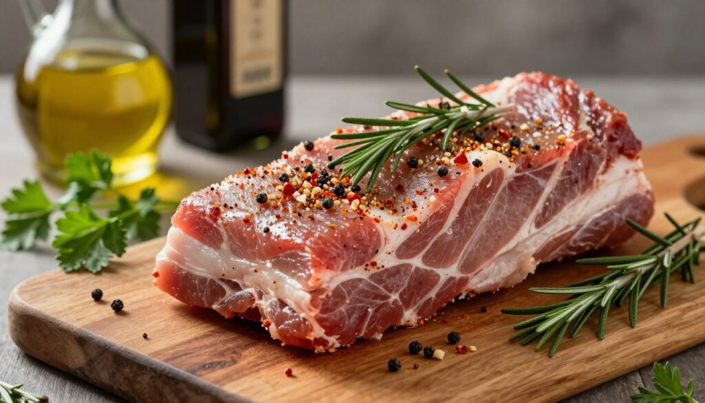 A close-up image of marinated pork neck (karkówka) placed on a rustic wooden cutting board. The meat is beautifully seasoned with a blend of spices including garlic, paprika, and black pepper, with fresh herbs like rosemary and thyme scattered around it. In the background, softly lit, there are bottles of olive oil and balsamic vinegar, hinting at the marination process. The lighting is warm and inviting, casting gentle shadows that accentuate the texture of the meat. A sprig of parsley adds a vibrant green touch. The atmosphere is homey and culinary, evoking the anticipation of a delicious meal being prepared. A close-up image of marinated pork neck (karkówka) placed on a rustic wooden cutting board. The meat is beautifully seasoned with a blend of spices including garlic, paprika, and black pepper, with fresh herbs like rosemary and thyme scattered around it. In the background, softly lit, there are bottles of olive oil and balsamic vinegar, hinting at the marination process. The lighting is warm and inviting, casting gentle shadows that accentuate the texture of the meat. A sprig of parsley adds a vibrant green touch. The atmosphere is homey and culinary, evoking the anticipation of a delicious meal being prepared.