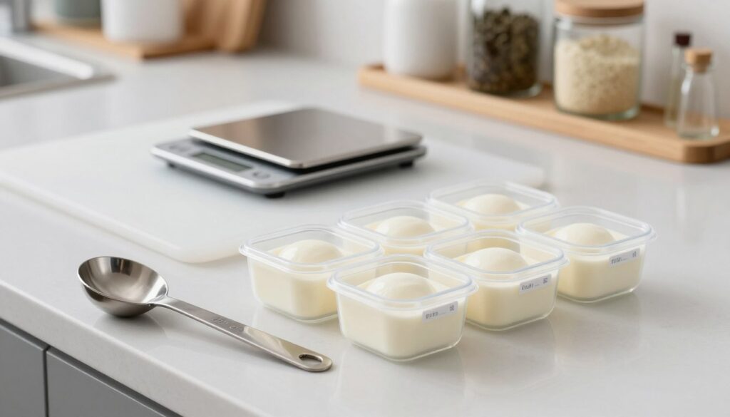 A close-up of a modern kitchen countertop, featuring a series of neatly arranged portions of egg whites in small, transparent containers, each labeled with their quantity. In the foreground, a stainless steel measuring spoon rests beside the containers, glistening under soft, diffused lighting. The middle ground showcases a sleek, white cutting board with a modern digital scale, with numbers displayed clearly. In the background, shelves filled with various kitchen utensils and an ingredient jar add a domestic touch. The atmosphere is clean, organized, and professional, evoking a sense of practicality and preparation. Shot with a shallow depth of field to emphasize the containers, creating a calm and focused mood. A close-up of a modern kitchen countertop, featuring a series of neatly arranged portions of egg whites in small, transparent containers, each labeled with their quantity. In the foreground, a stainless steel measuring spoon rests beside the containers, glistening under soft, diffused lighting. The middle ground showcases a sleek, white cutting board with a modern digital scale, with numbers displayed clearly. In the background, shelves filled with various kitchen utensils and an ingredient jar add a domestic touch. The atmosphere is clean, organized, and professional, evoking a sense of practicality and preparation. Shot with a shallow depth of field to emphasize the containers, creating a calm and focused mood.