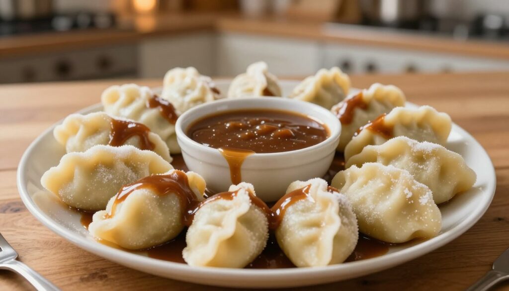 A close-up of a plate of frozen "mrożone kluski śląskie" dumplings, artfully arranged around a small bowl of rich, dark-brown gravy drizzled over them. The dumplings should be smooth and glistening with frost, showcasing their perfect oval shapes and potato texture. Place the dish on a wooden table, accentuated by a soft-focus background of a cozy kitchen setting, with warm, ambient lighting that enhances the inviting atmosphere. The angle should be slightly from above, capturing the enticing details of the dumplings and the gravy. Ensure the image is vibrant yet soothing, conveying a sense of comfort and homeliness, while focusing on the food without any distractions.