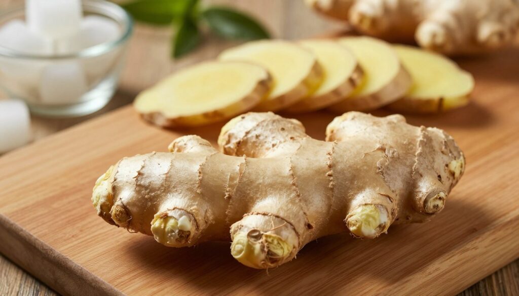 A close-up of fresh ginger root, showcasing its textured, gnarled surface and earthy tones. In the foreground, an unpeeled ginger root rests on a rustic wooden cutting board, with subtle highlights revealing its natural sheen. In the middle ground, slices of ginger are arranged neatly, displaying their pale yellow interior. In the background, blurred elements like a small glass container filled with frozen ginger cubes and fresh herbs evoke a home kitchen setting. The lighting is warm and soft, casting gentle shadows that add depth, creating a cozy, inviting atmosphere perfect for culinary inspiration. The angle is slightly top-down, emphasizing the beauty and details of the ginger, focusing on its uniqueness for optimal storage and versatility.