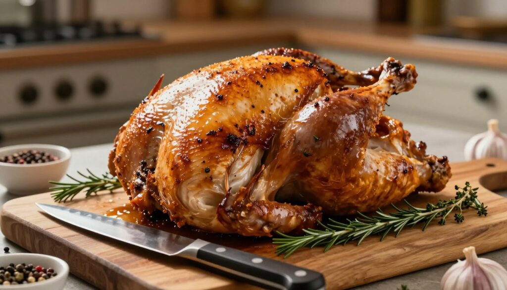 A close-up of perfectly cooked turkey breasts on a rustic wooden cutting board, garnished with fresh herbs like rosemary and thyme. The turkey has a golden-brown crisp skin, with juices glistening under soft, warm lighting, creating an inviting and appetizing atmosphere. In the foreground, a sharp chef's knife is elegantly placed beside the turkey, surrounded by small bowls containing spices such as pepper and garlic. The background features a blurred kitchen setting, hinting at a cozy family atmosphere. The mood is warm and inviting, reflecting the essence of a family gathering. Capture the scene with a shallow depth of field to emphasize the delectable turkey while maintaining a homely ambiance. A close-up of perfectly cooked turkey breasts on a rustic wooden cutting board, garnished with fresh herbs like rosemary and thyme. The turkey has a golden-brown crisp skin, with juices glistening under soft, warm lighting, creating an inviting and appetizing atmosphere. In the foreground, a sharp chef's knife is elegantly placed beside the turkey, surrounded by small bowls containing spices such as pepper and garlic. The background features a blurred kitchen setting, hinting at a cozy family atmosphere. The mood is warm and inviting, reflecting the essence of a family gathering. Capture the scene with a shallow depth of field to emphasize the delectable turkey while maintaining a homely ambiance.
