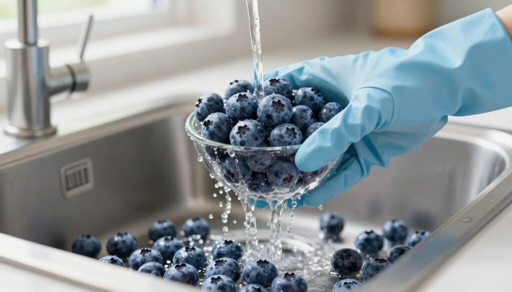 A close-up scene focusing on fresh, plump blueberries being gently washed in a modern kitchen sink. The foreground features vibrant blue berries glistening under running water, showcasing their freshness and texture. In the middle, a hand wearing a light blue dish glove delicately holds a small bowl of blueberries, while water cascades over them, creating sparkling droplets. The background reveals a tidy kitchen with soft natural light streaming in through a nearby window, enhancing the freshness of the scene. The atmosphere feels clean, refreshing, and inviting, emphasizing the importance of properly washing and drying blueberries before freezing. The image should capture a sense of care and attention to detail, suitable for illustrating the washing process. A close-up scene focusing on fresh, plump blueberries being gently washed in a modern kitchen sink. The foreground features vibrant blue berries glistening under running water, showcasing their freshness and texture. In the middle, a hand wearing a light blue dish glove delicately holds a small bowl of blueberries, while water cascades over them, creating sparkling droplets. The background reveals a tidy kitchen with soft natural light streaming in through a nearby window, enhancing the freshness of the scene. The atmosphere feels clean, refreshing, and inviting, emphasizing the importance of properly washing and drying blueberries before freezing. The image should capture a sense of care and attention to detail, suitable for illustrating the washing process.