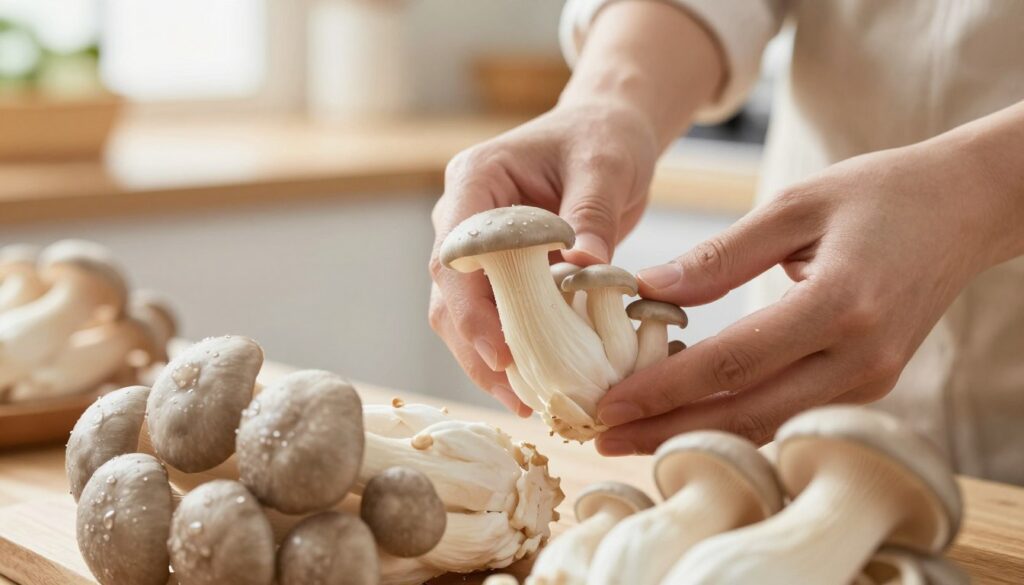 A close-up scene of fresh oyster mushrooms in a bright, well-lit setting to illustrate the selection process. In the foreground, display a variety of freshly harvested oyster mushrooms, showcasing their rich textures and vibrant colors, from creamy white to soft beige, glistening with moisture. In the middle ground, include a pair of hands selecting the mushrooms, wearing modest casual clothing, emphasizing the careful and thoughtful selection. In the background, softly blurred, place a subtle, rustic kitchen environment, with wooden surfaces and natural light streaming in, creating a warm and inviting atmosphere. The focus should be sharp on the mushrooms and hands, with a soft bokeh effect in the background, conveying the importance of freshness and quality. A close-up scene of fresh oyster mushrooms in a bright, well-lit setting to illustrate the selection process. In the foreground, display a variety of freshly harvested oyster mushrooms, showcasing their rich textures and vibrant colors, from creamy white to soft beige, glistening with moisture. In the middle ground, include a pair of hands selecting the mushrooms, wearing modest casual clothing, emphasizing the careful and thoughtful selection. In the background, softly blurred, place a subtle, rustic kitchen environment, with wooden surfaces and natural light streaming in, creating a warm and inviting atmosphere. The focus should be sharp on the mushrooms and hands, with a soft bokeh effect in the background, conveying the importance of freshness and quality.
