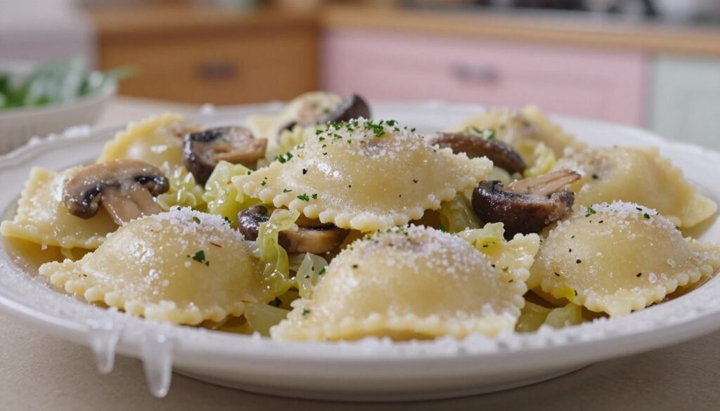 A close-up shot of a beautifully arranged plate of frozen łazanki pasta, showcasing the delicate square noodles interspersed with sautéed mushrooms and cabbage, all dusted with a sprinkle of fresh herbs. In the foreground, there are icicles or frost crystals clinging to the edges of the dish, emphasizing the freezing process, while in the middle, frozen łazanki are elegantly piled, glistening under soft, diffused lighting. The background features a gently blurred kitchen scene, hinting at a warm, inviting atmosphere with warm wooden cabinets and soft pastel colors. The mood is cozy and homely, reflecting the comforting nature of the dish. The angle is slightly from above, allowing for a clear view of the texture and details of the łazanki. A close-up shot of a beautifully arranged plate of frozen łazanki pasta, showcasing the delicate square noodles interspersed with sautéed mushrooms and cabbage, all dusted with a sprinkle of fresh herbs. In the foreground, there are icicles or frost crystals clinging to the edges of the dish, emphasizing the freezing process, while in the middle, frozen łazanki are elegantly piled, glistening under soft, diffused lighting. The background features a gently blurred kitchen scene, hinting at a warm, inviting atmosphere with warm wooden cabinets and soft pastel colors. The mood is cozy and homely, reflecting the comforting nature of the dish. The angle is slightly from above, allowing for a clear view of the texture and details of the łazanki.