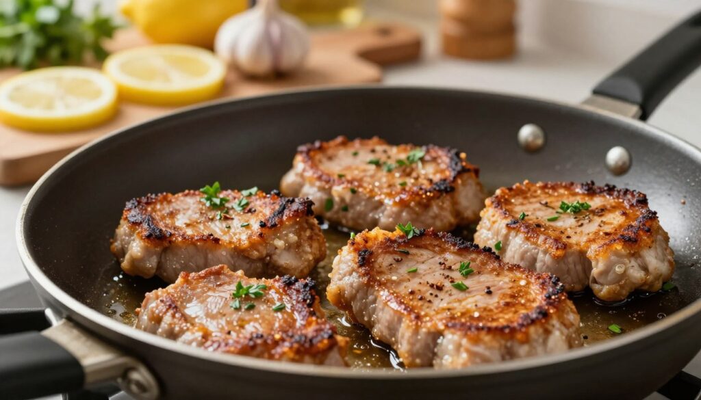 A close-up shot of a frying pan filled with golden-brown pork chops, freshly fried, surrounded by light splatters of oil. In the foreground, the pork chops are perfectly crispy with a rich, appetizing texture, garnished with fresh herbs like parsley and a sprinkle of spices. The middle ground features a wooden cutting board with slices of lemon and garlic cloves, enhancing the aromatic atmosphere. Soft, warm lighting highlights the shimmering surface of the pork, creating a cozy kitchen ambiance. In the background, a blurred view of cooking ingredients and utensils conveys a busy, inviting kitchen setting, emphasizing the process of cooking and achieving perfect crunchiness. The overall mood is warm and inviting, evoking the delicious anticipation of a home-cooked meal. A close-up shot of a frying pan filled with golden-brown pork chops, freshly fried, surrounded by light splatters of oil. In the foreground, the pork chops are perfectly crispy with a rich, appetizing texture, garnished with fresh herbs like parsley and a sprinkle of spices. The middle ground features a wooden cutting board with slices of lemon and garlic cloves, enhancing the aromatic atmosphere. Soft, warm lighting highlights the shimmering surface of the pork, creating a cozy kitchen ambiance. In the background, a blurred view of cooking ingredients and utensils conveys a busy, inviting kitchen setting, emphasizing the process of cooking and achieving perfect crunchiness. The overall mood is warm and inviting, evoking the delicious anticipation of a home-cooked meal.