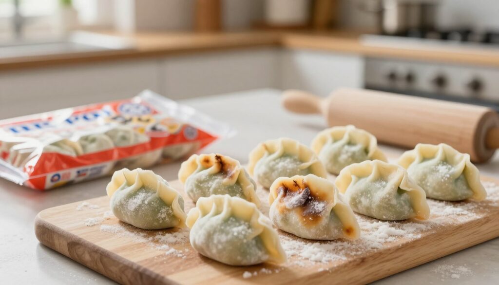 A close-up shot of a kitchen counter featuring a variety of common mistakes made when freezing dumplings, specifically kopytka. In the foreground, show a few improperly frozen kopytka with frostbite and freezer burn, placed on a wooden cutting board. In the middle ground, display helpful tools like freezer bags and a rolling pin, hinting at correct methods to avoid these mistakes. The background should depict a cozy kitchen with warm, natural lighting, emphasizing a homely atmosphere. Ensure that the colors are soft and inviting, evoking the warmth of home cooking. The focus should be on the details of the damaged kopytka, allowing the viewer to clearly see the errors.