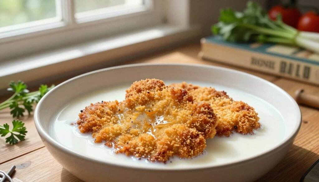 A close-up shot of pork schnitzels marinating in a shallow dish filled with milk. The scene is set in a rustic kitchen with warm wooden countertops and vibrant green herbs scattered around. The schnitzels are golden-breaded and glistening in the milk, showcasing their textures and colors. Soft, natural light filters through a nearby window, casting gentle shadows and creating a cozy, inviting atmosphere. In the background, a classic cookbook and fresh vegetables can be seen, hinting at a culinary adventure. The focus is on the marinating process, emphasizing the juicy, tender qualities of the meat, with an overall feeling of warmth and homeliness.