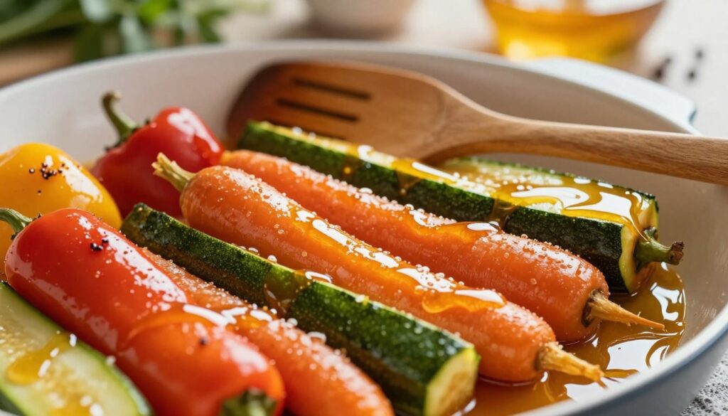 A close-up view of a beautifully arranged dish featuring colorful, caramelized vegetables drizzled with golden honey. In the foreground, vibrant bell peppers, zucchini, and carrots glisten with a sticky glaze under soft, warm light, highlighting their vibrant colors. The honey, rich and viscous, pools elegantly around the vegetables, creating a mouthwatering effect. In the middle ground, a rustic wooden spatula rests beside the dish, hinting at a comforting, home-cooked meal. In the background, a softly blurred kitchen scene adds a cozy ambiance, with hints of herbs and spices subtly present. The overall mood is warm and inviting, emphasizing the theme of fresh and bold flavors. The angle is a slightly tilted overhead shot to capture the textures and glisten of the ingredients. A close-up view of a beautifully arranged dish featuring colorful, caramelized vegetables drizzled with golden honey. In the foreground, vibrant bell peppers, zucchini, and carrots glisten with a sticky glaze under soft, warm light, highlighting their vibrant colors. The honey, rich and viscous, pools elegantly around the vegetables, creating a mouthwatering effect. In the middle ground, a rustic wooden spatula rests beside the dish, hinting at a comforting, home-cooked meal. In the background, a softly blurred kitchen scene adds a cozy ambiance, with hints of herbs and spices subtly present. The overall mood is warm and inviting, emphasizing the theme of fresh and bold flavors. The angle is a slightly tilted overhead shot to capture the textures and glisten of the ingredients.