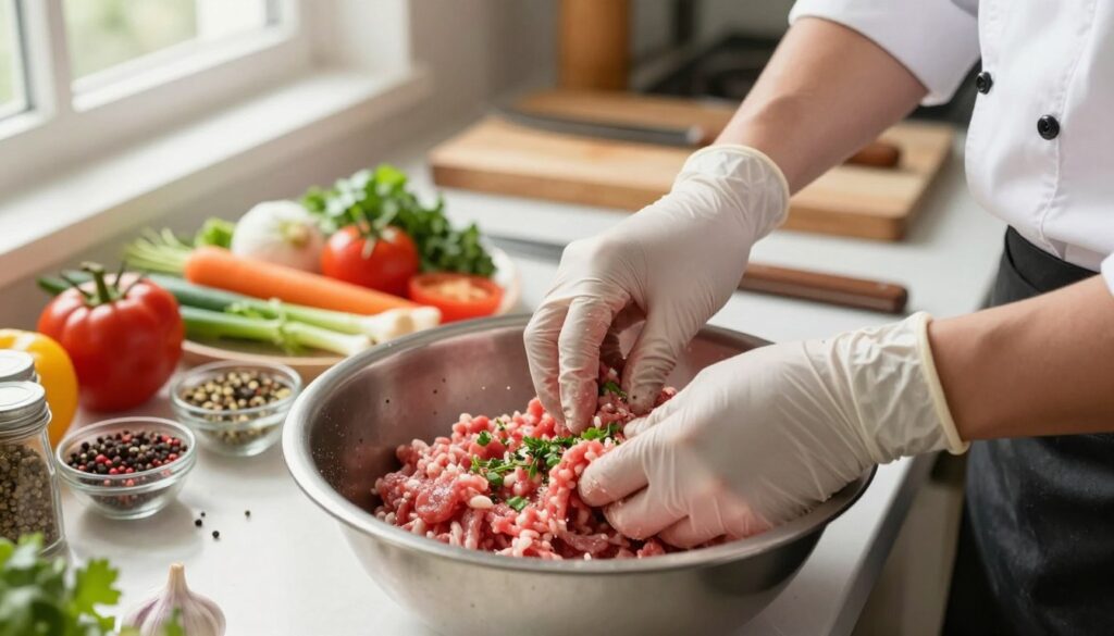 A close-up view of a chef skillfully mixing ground meat in a stainless steel bowl, showing the technique of achieving the ideal consistency for meat mixtures. The foreground features the chef's hands, wearing professional kitchen gloves, thoroughly blending the meat with herbs and spices like parsley and garlic. In the middle ground, a beautiful assortment of colorful vegetables and additional spices are arranged neatly, showcasing the ingredients typically used for seasoning meat. The background depicts a well-organized, bright kitchen with wooden cutting boards and utensils, enhancing the atmosphere of culinary precision. Soft, natural light streams in from a window, casting gentle shadows and creating a warm, inviting ambiance. The image conveys professionalism and attention to detail in meat preparation. A close-up view of a chef skillfully mixing ground meat in a stainless steel bowl, showing the technique of achieving the ideal consistency for meat mixtures. The foreground features the chef's hands, wearing professional kitchen gloves, thoroughly blending the meat with herbs and spices like parsley and garlic. In the middle ground, a beautiful assortment of colorful vegetables and additional spices are arranged neatly, showcasing the ingredients typically used for seasoning meat. The background depicts a well-organized, bright kitchen with wooden cutting boards and utensils, enhancing the atmosphere of culinary precision. Soft, natural light streams in from a window, casting gentle shadows and creating a warm, inviting ambiance. The image conveys professionalism and attention to detail in meat preparation.