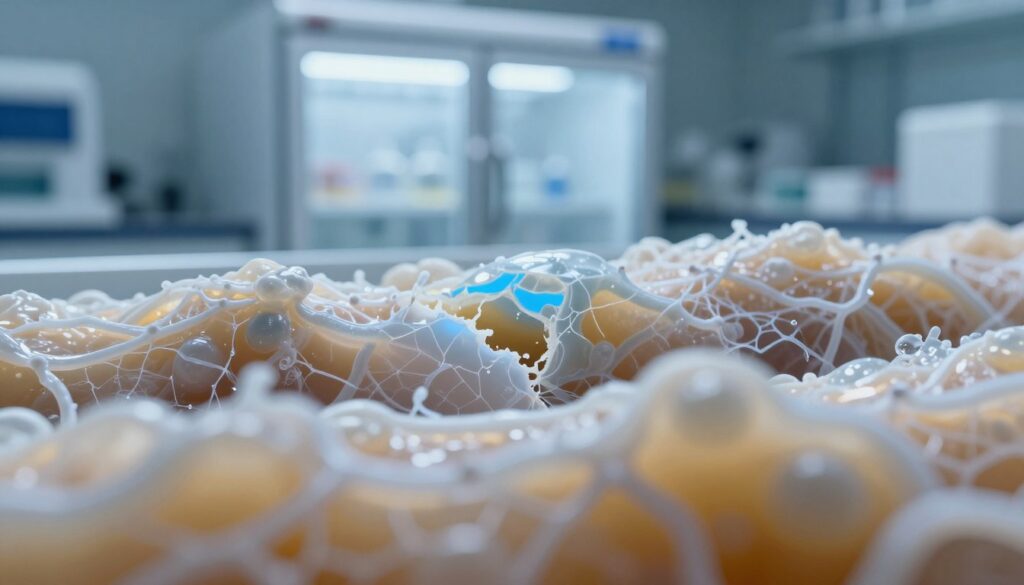 A close-up view of a gelatinous substance, illustrating the degradation of a collagen network. The foreground features delicate strands of collagen, breaking apart and dissolving into a semi-transparent, jelly-like texture, capturing the visual changes that occur upon freezing. The middle layer showcases microscopic details of collagen fibers, with a soft blue light highlighting their fracture points. In the background, a blurred view of a freezer, with frost subtly forming on the glass door, creates a chilly atmosphere. The lighting is cool and clinical, reminiscent of a laboratory setting, enhancing the scientific tone. Warm hues of light reflecting off the jelly suggest transformation, while maintaining an educational and serene mood, devoid of any distractions.