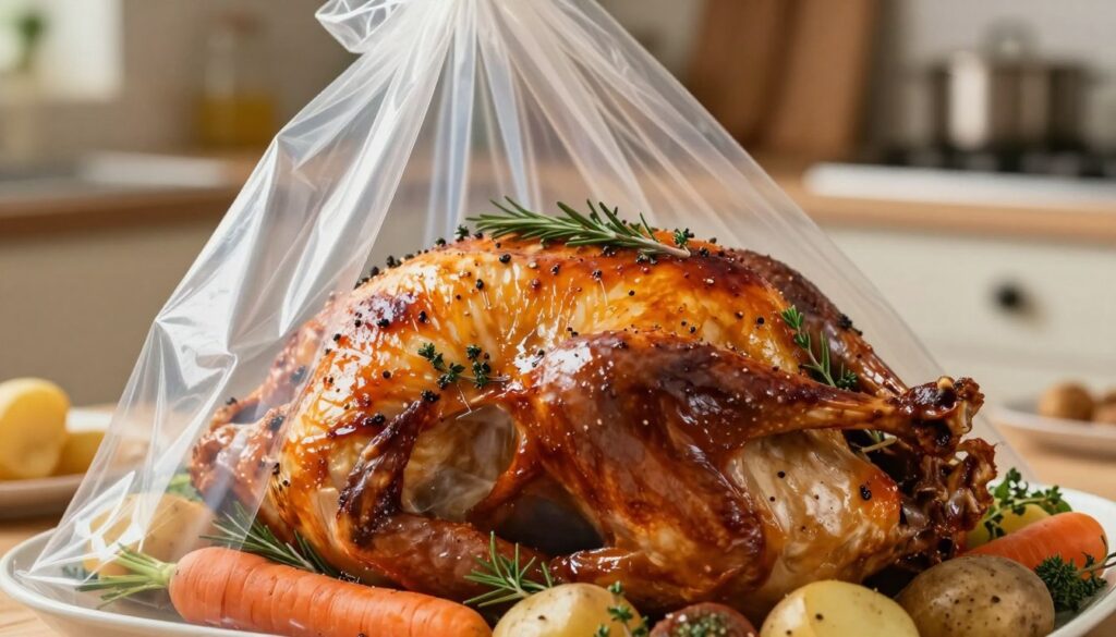 A close-up view of a perfectly roasted turkey being prepared inside a transparent roasting bag, demonstrating the use of a roasting sleeve. The turkey is glazed golden-brown, adorned with fresh herbs and spices like rosemary and thyme, ensuring a succulent appearance. The background features a warm kitchen setting with soft, diffused lighting illuminating the scene, creating an inviting atmosphere. The roasting bag is slightly puffed up, catching the light, adding a touch of elegance. In the foreground, an assortment of colorful vegetables like carrots and potatoes surrounds the turkey, enhancing the appetizing visual. The focus is sharp on the turkey, while the background is lightly blurred to emphasize the main subject, evoking a sense of home-cooked warmth and culinary delight.