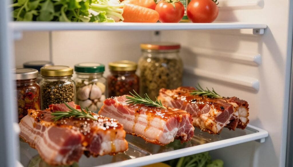 A close-up view of a refrigerator shelf filled with various marinated meats, emphasizing the importance of marinating time. The foreground highlights a beautifully arranged plate of marinated pork belly, glistening with a rich, aromatic glaze and herbs. In the middle, small jars of spices and marinades are neatly placed, showcasing ingredients like garlic, rosemary, and pepper. The background features shelves with fresh vegetables and condiments, softly blurred to maintain focus on the marinated pork. The scene is softly lit with warm lighting to evoke a cozy kitchen atmosphere, while the angle captures the dynamic layers of the refrigerator interior. This image conveys the essence of flavorful marination and the cooling process, illustrating the significance of marinating time in the refrigerator. A close-up view of a refrigerator shelf filled with various marinated meats, emphasizing the importance of marinating time. The foreground highlights a beautifully arranged plate of marinated pork belly, glistening with a rich, aromatic glaze and herbs. In the middle, small jars of spices and marinades are neatly placed, showcasing ingredients like garlic, rosemary, and pepper. The background features shelves with fresh vegetables and condiments, softly blurred to maintain focus on the marinated pork. The scene is softly lit with warm lighting to evoke a cozy kitchen atmosphere, while the angle captures the dynamic layers of the refrigerator interior. This image conveys the essence of flavorful marination and the cooling process, illustrating the significance of marinating time in the refrigerator.